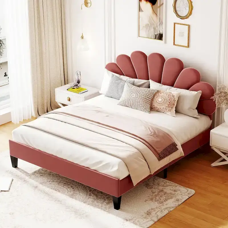 Queen Size Muted Red Velvet Upholstered Platform Bed