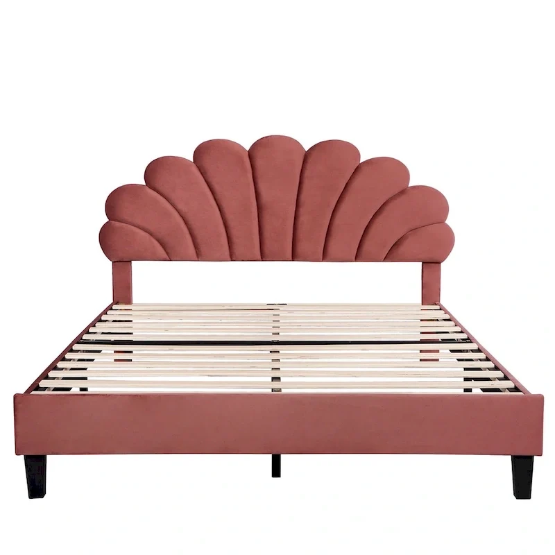 Queen Size Muted Red Velvet Upholstered Platform Bed