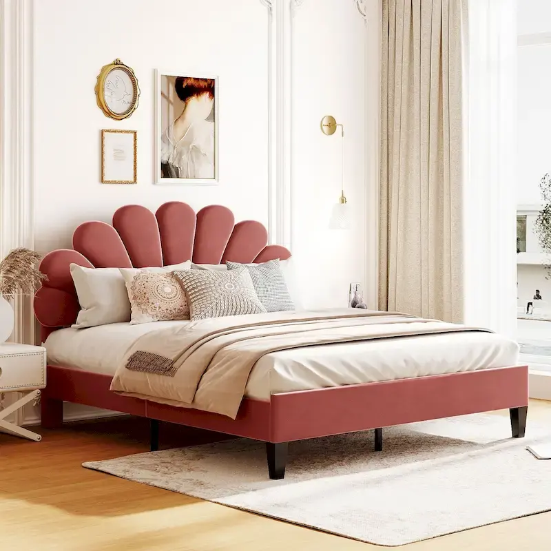 Queen Size Muted Red Velvet Upholstered Platform Bed