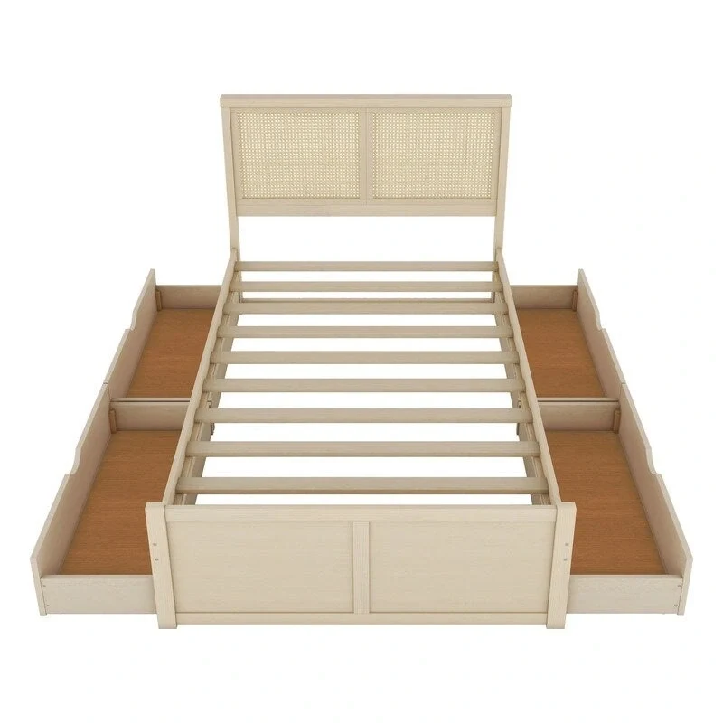 Wood Full Size Storage Platform Bed with 4 Drawers, Rattan Headboard