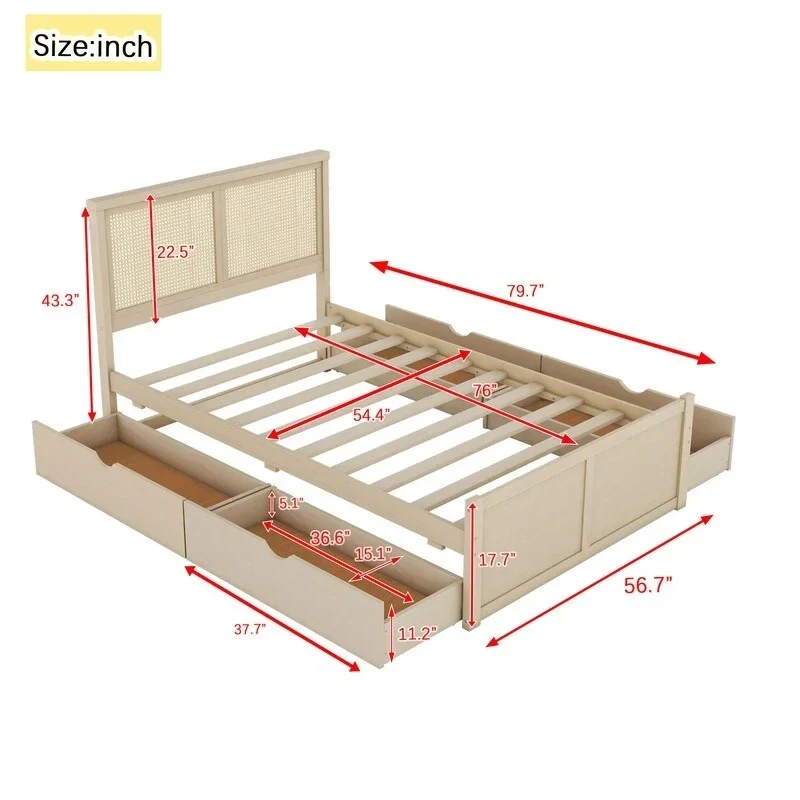 Wood Full Size Storage Platform Bed with 4 Drawers, Rattan Headboard