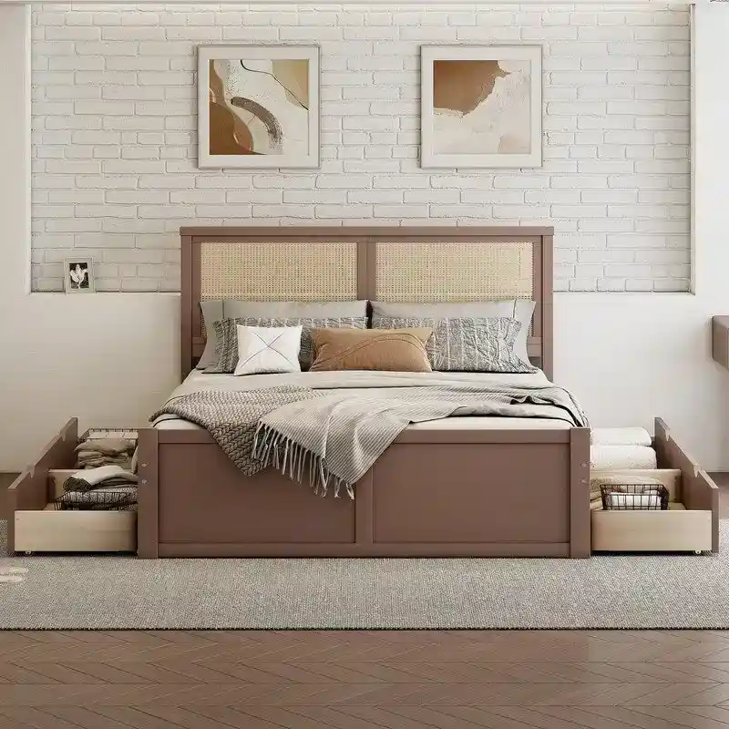Wood Full Size Storage Platform Bed with 4 Drawers, Rattan Headboard