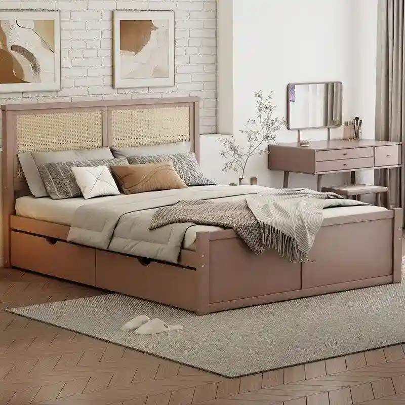 Wood Full Size Storage Platform Bed with 4 Drawers, Rattan Headboard