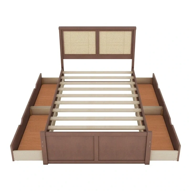 Wood Full Size Storage Platform Bed with 4 Drawers, Rattan Headboard