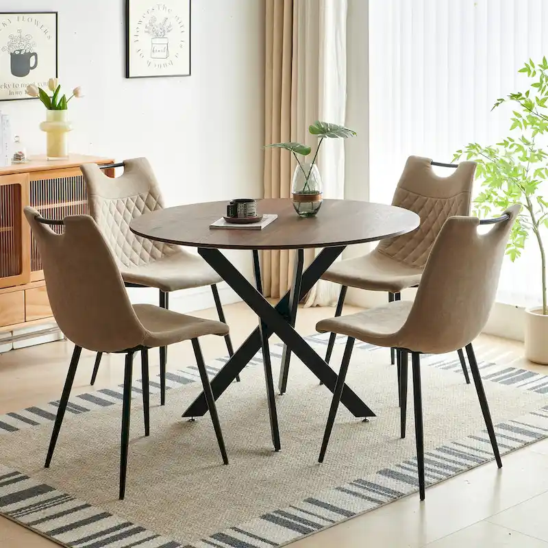 Modern Style 5-Piece Dining Set with Round Table and 4 Grid Dining Chairs