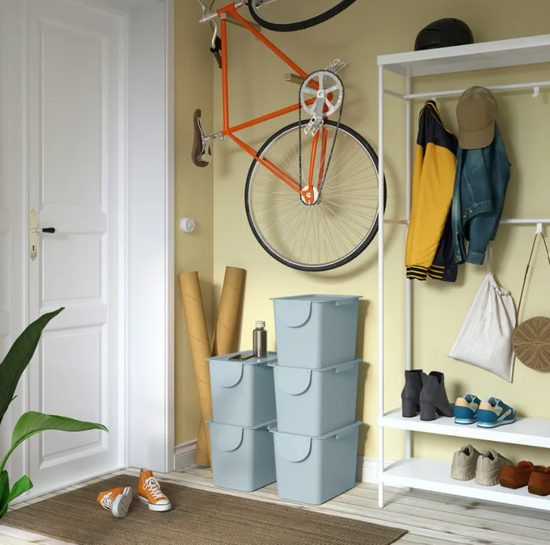 TRÖSKNING Bin with lid, light grey-blue, 25 l