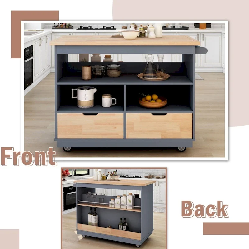 Rolling Kitchen Island with Storage, Two-sided Kitchen island Cart on Wheels with Wood Top, Wine and Spice Rack