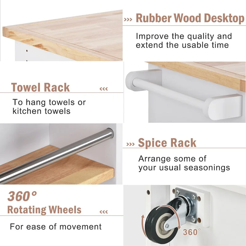 Rolling Kitchen Island with Storage, Two-sided Kitchen island Cart on Wheels with Wood Top, Wine and Spice Rack