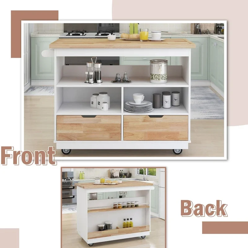 Rolling Kitchen Island with Storage, Two-sided Kitchen island Cart on Wheels with Wood Top, Wine and Spice Rack