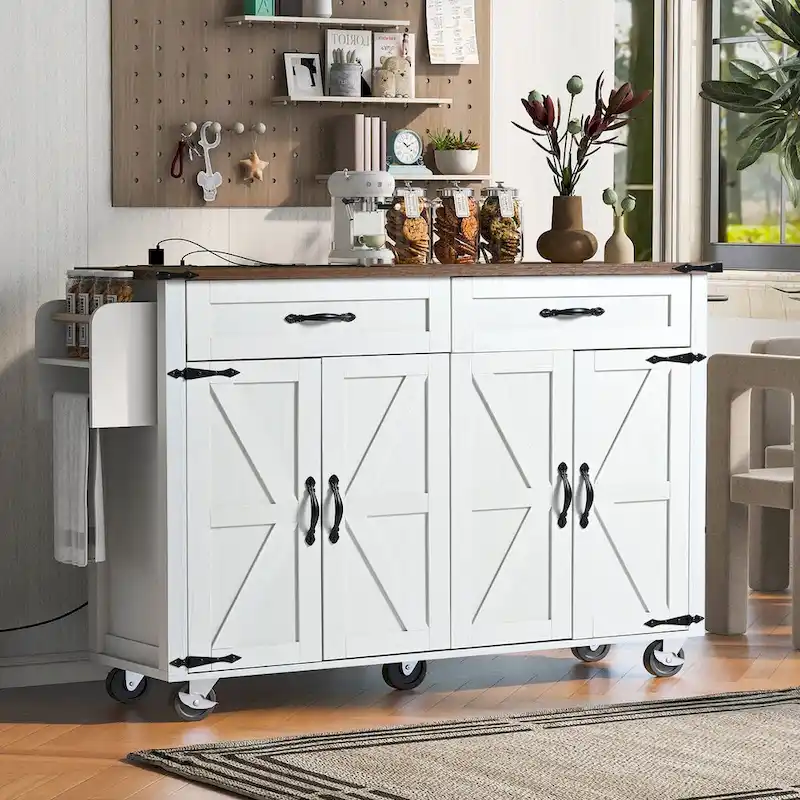 53.5Kitchen Island with Power Outlet,Storage Island with Drop Leaf,Spice Rack and Drawer,Rolling Kitchen Cart on Wheels