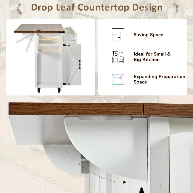 53.5Kitchen Island with Power Outlet,Storage Island with Drop Leaf,Spice Rack and Drawer,Rolling Kitchen Cart on Wheels