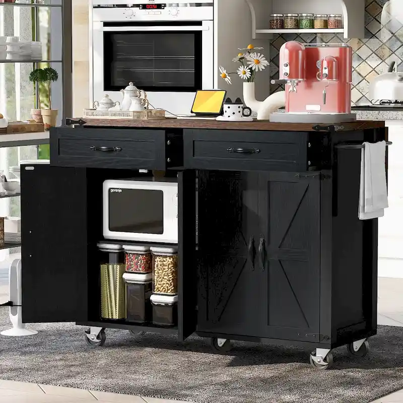 53.5Kitchen Island with Power Outlet,Storage Island with Drop Leaf,Spice Rack and Drawer,Rolling Kitchen Cart on Wheels