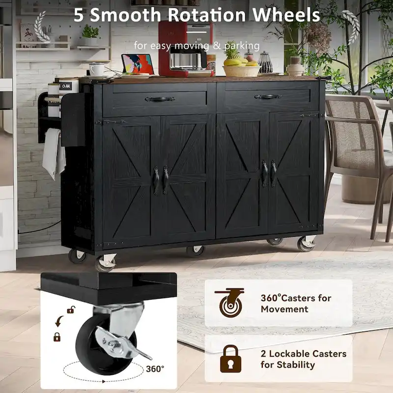53.5Kitchen Island with Power Outlet,Storage Island with Drop Leaf,Spice Rack and Drawer,Rolling Kitchen Cart on Wheels