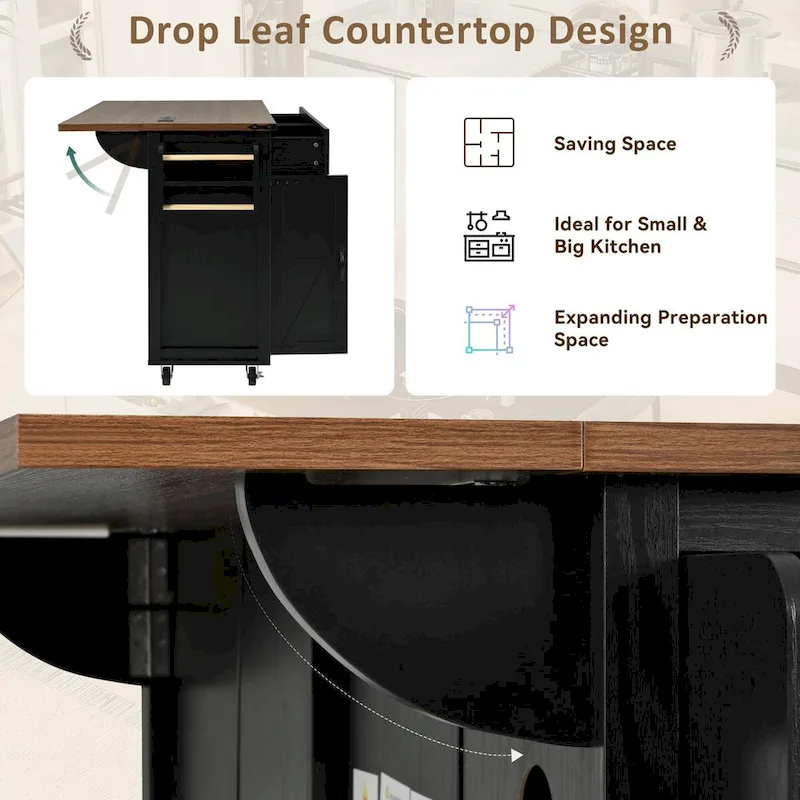 53.5Kitchen Island with Power Outlet,Storage Island with Drop Leaf,Spice Rack and Drawer,Rolling Kitchen Cart on Wheels