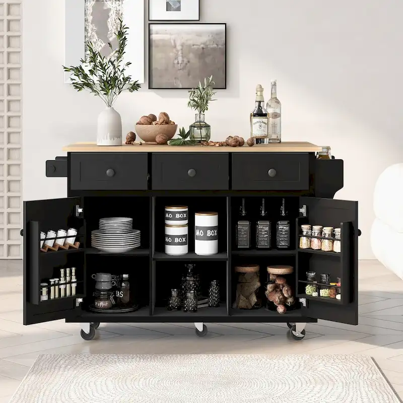 Kitchen Cart with Rubber wood Drop-Leaf Countertop 5 Wheels with Storage Cabinet and 3 Drawers