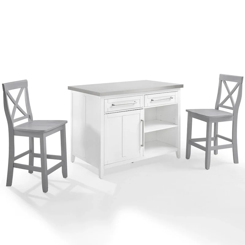 Crosley Silvia Stainless Steel Top Kitchen Island W/X-Back Stools - 57d x 46w x 41h