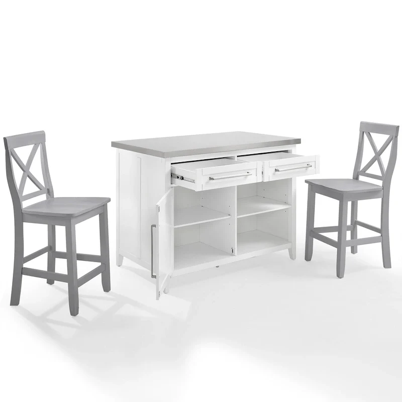 Crosley Silvia Stainless Steel Top Kitchen Island W/X-Back Stools - 57d x 46w x 41h