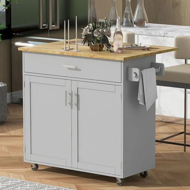 39.00 W Modern Rubberwood Top Kitchen Cart with Storage and Towel Racks
