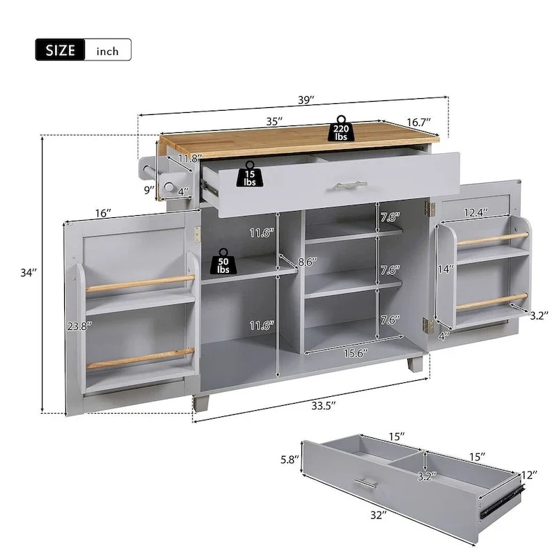 39.00 W Modern Rubberwood Top Kitchen Cart with Storage and Towel Racks
