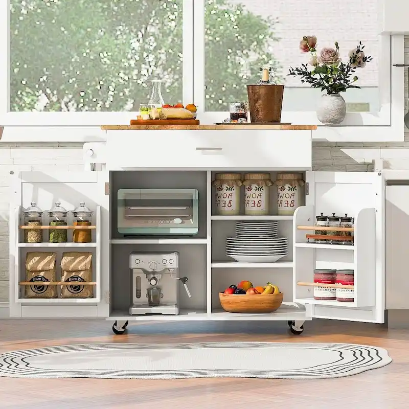 39.00 W Modern Rubberwood Top Kitchen Cart with Storage and Towel Racks