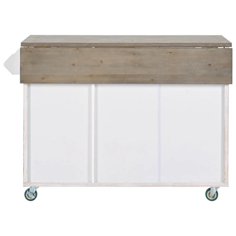 51.6 in. W Farmhouse Kitchen Island with Drop Leaf, Internal Storage Rack and Three Doors