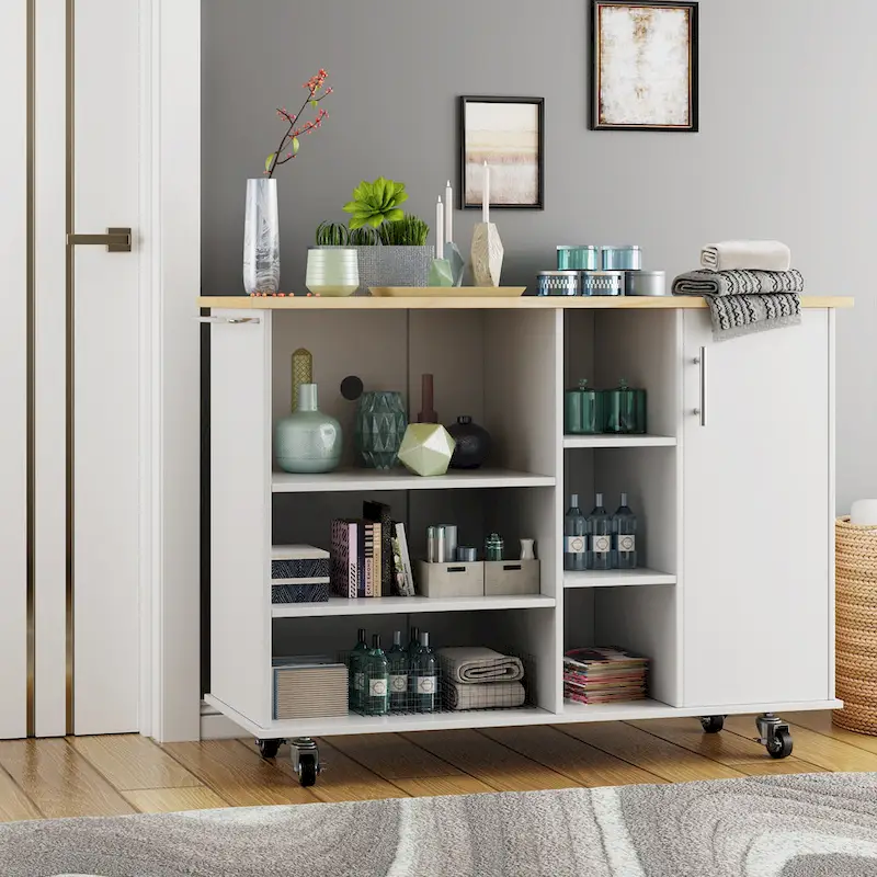 Futzca 47W Kitchen Storage Island Cart with 6 Open Shelves and 1 Cabinet