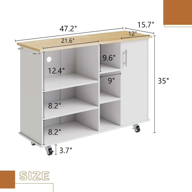 Futzca 47W Kitchen Storage Island Cart with 6 Open Shelves and 1 Cabinet