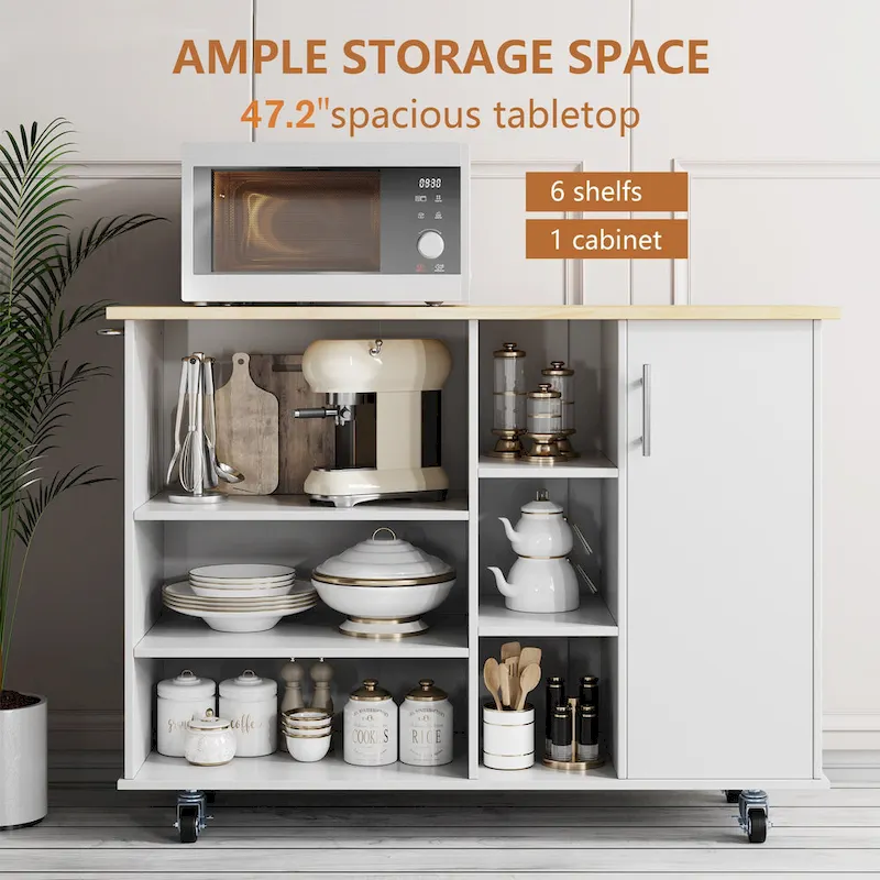 Futzca 47W Kitchen Storage Island Cart with 6 Open Shelves and 1 Cabinet