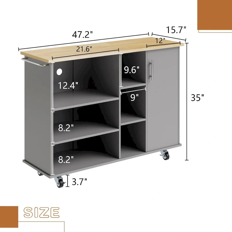Futzca 47W Kitchen Storage Island Cart with 6 Open Shelves and 1 Cabinet