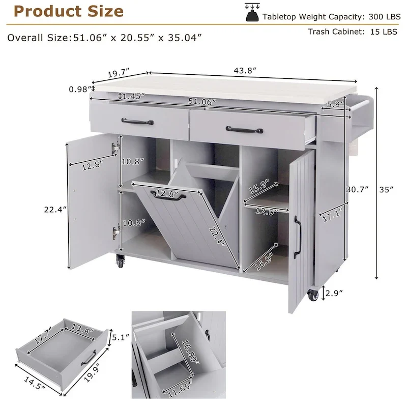 43.8W Kitchen Island with Trash Can Storage Cabinet - N/A