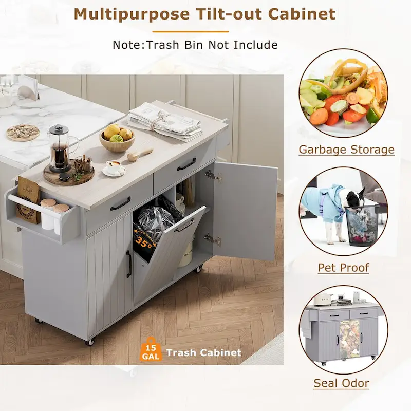 43.8W Kitchen Island with Trash Can Storage Cabinet - N/A
