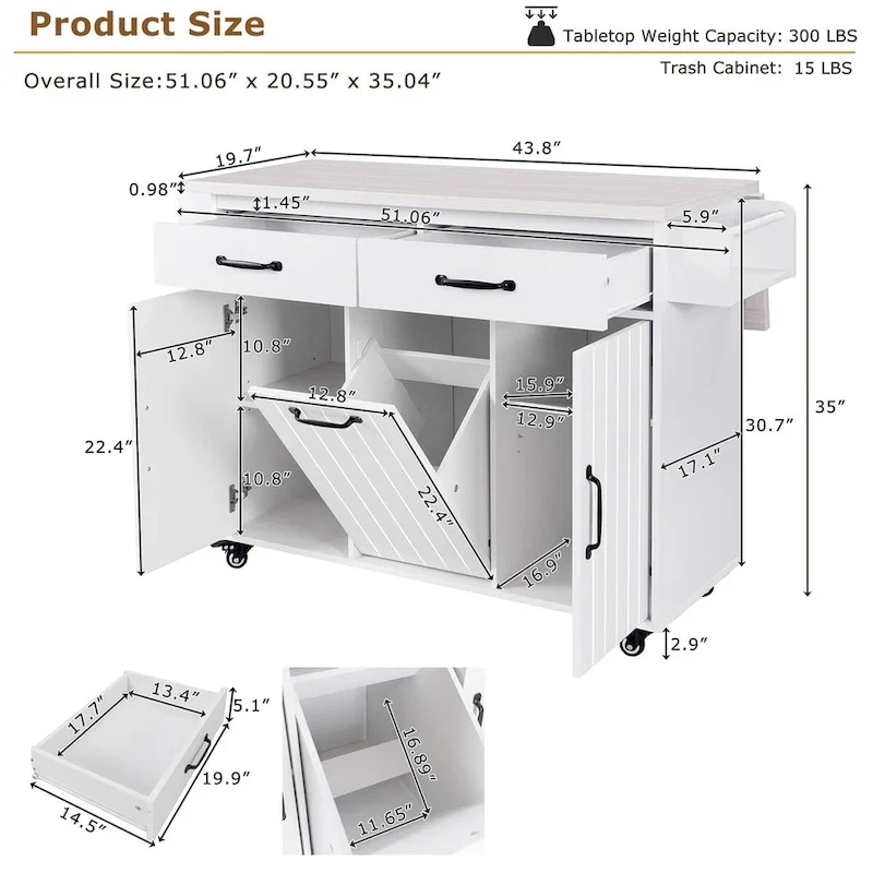 43.8W Kitchen Island with Trash Can Storage Cabinet - N/A