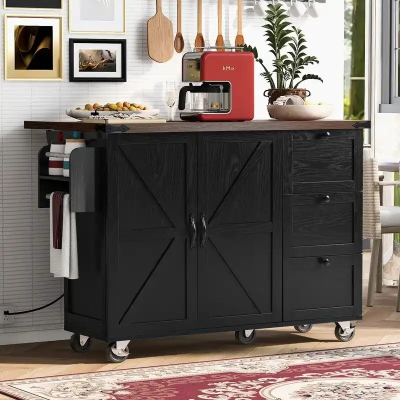 Farmhouse Kitchen Island with Power Outlet, Drop Leaf, Rolling Kitchen Cart