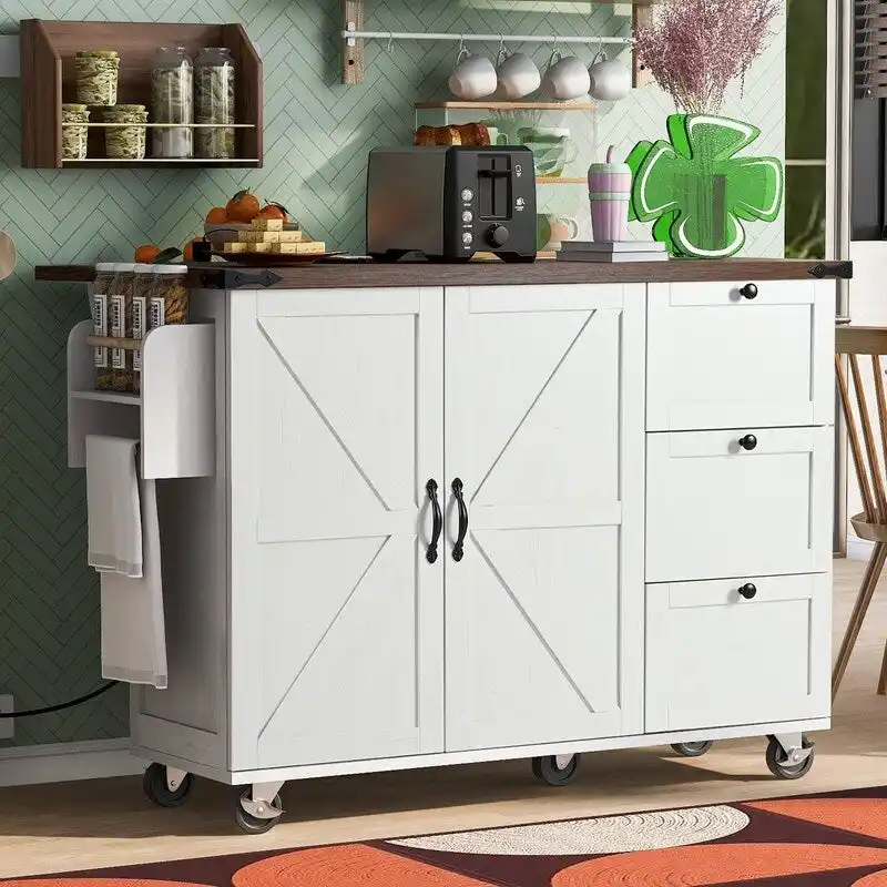 Farmhouse Kitchen Island with Power Outlet, Drop Leaf, Rolling Kitchen Cart