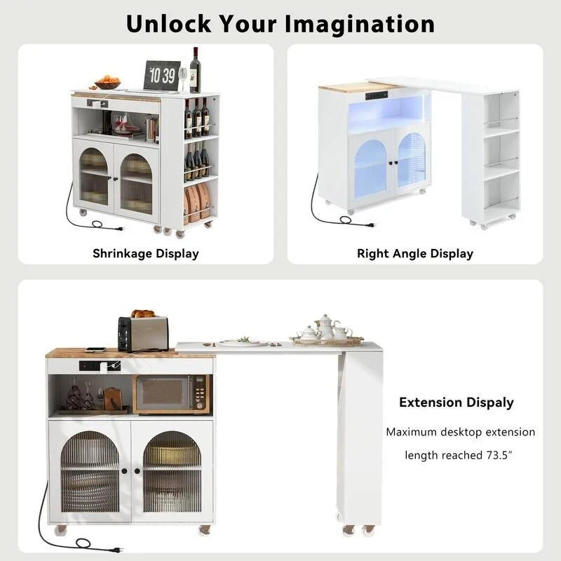 Rolling Kitchen Island on Wheels With Extended Table,LED Lights,Power Outlets and 2 Fluted Glass Doors