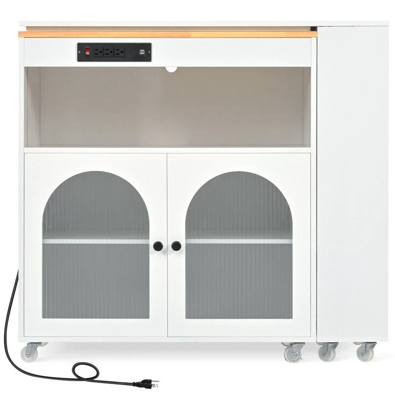 Rolling Kitchen Island on Wheels With Extended Table,LED Lights,Power Outlets and 2 Fluted Glass Doors