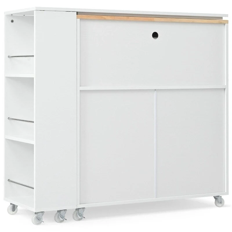 Rolling Kitchen Island on Wheels With Extended Table,LED Lights,Power Outlets and 2 Fluted Glass Doors