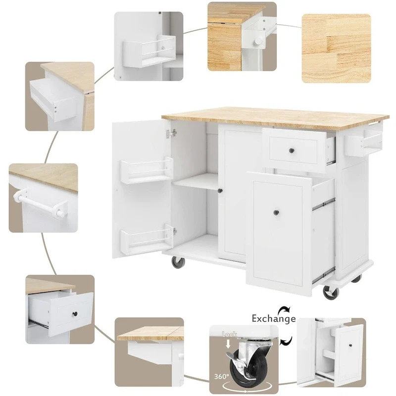 Rolling Kitchen Cart with Internal Storage Rack and Pull Out Cabinet - N/A