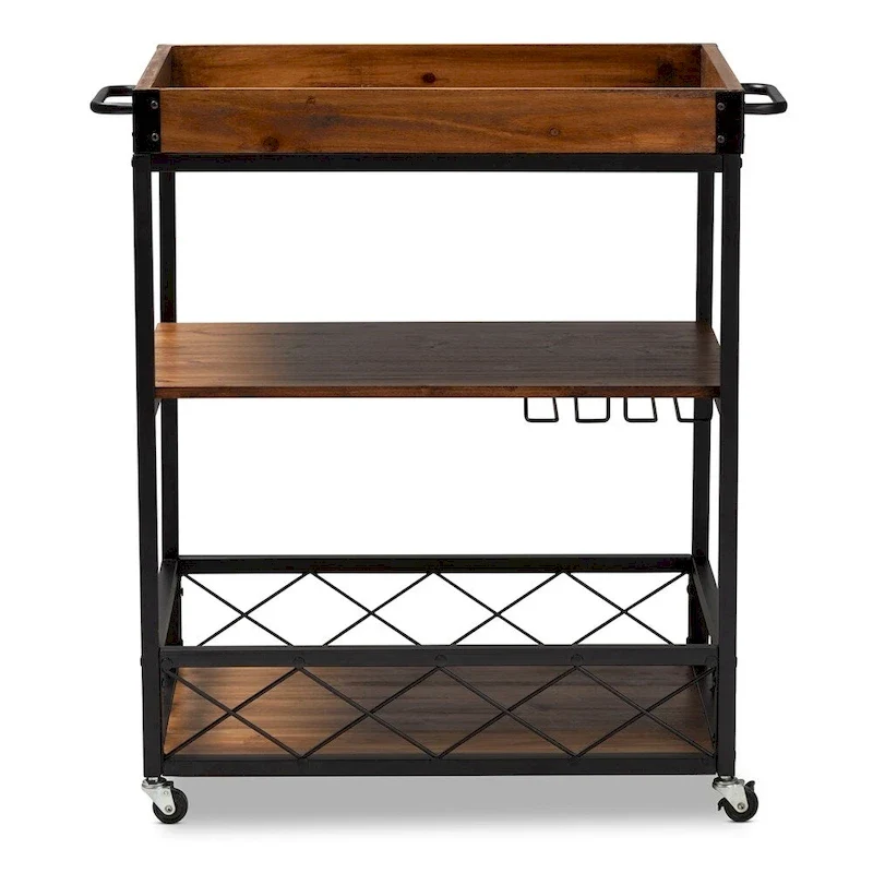 Capri Vintage Rustic Industrial Oak Brown and Black Finished Mobile Metal Bar Cart with Stemware Rack