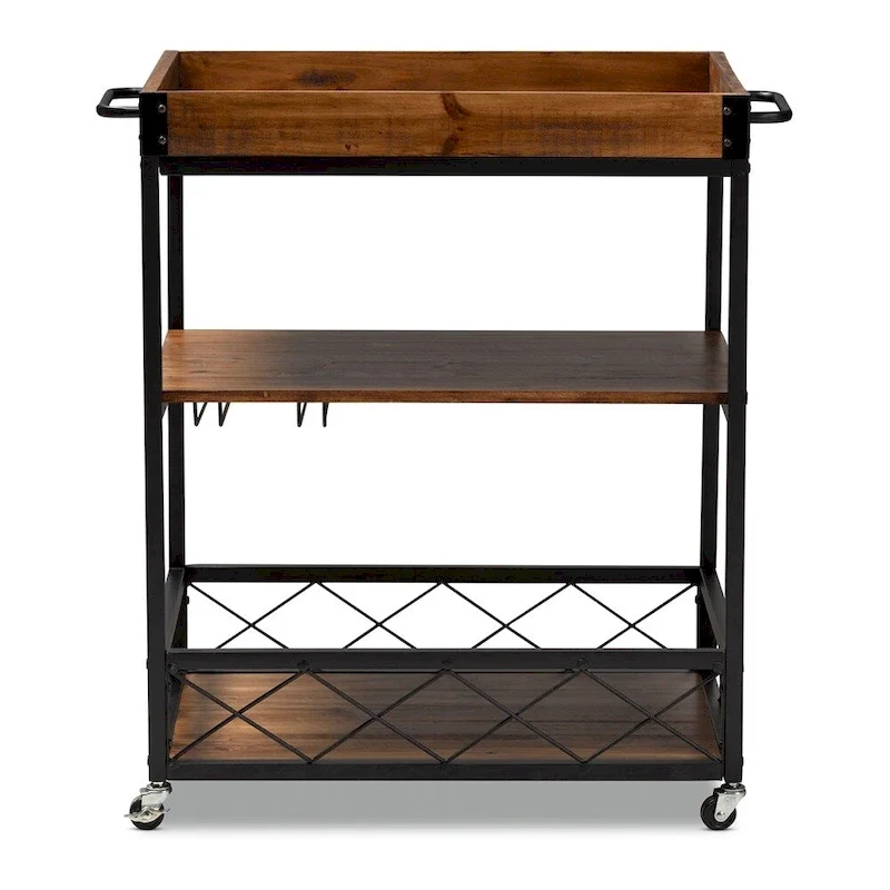 Capri Vintage Rustic Industrial Oak Brown and Black Finished Mobile Metal Bar Cart with Stemware Rack