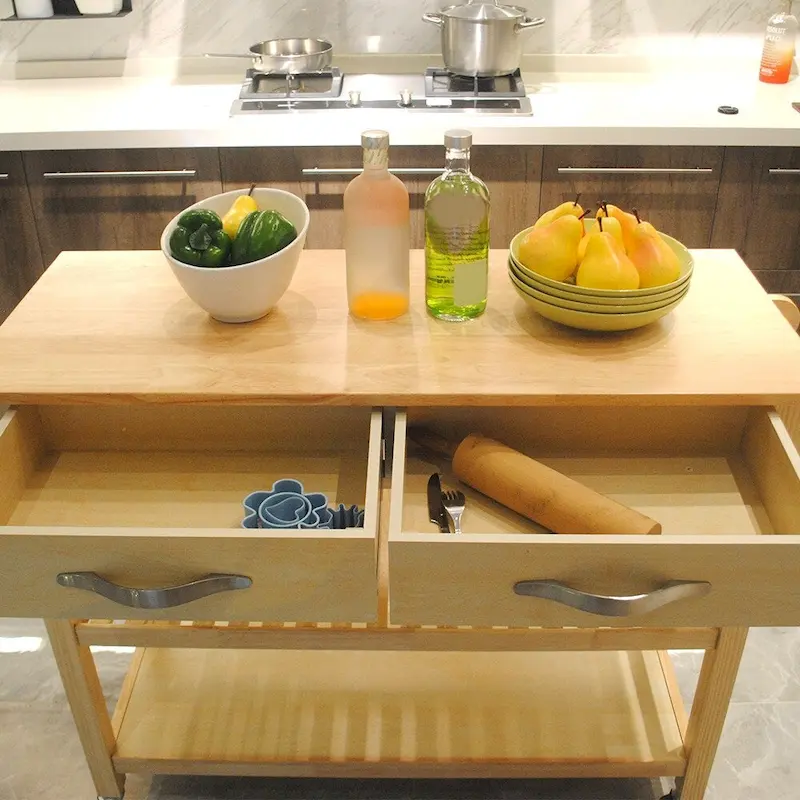 Kitchen Island & Kitchen Cart, Mobile Kitchen Island with Two Lockable Wheels, Rubber Wood Top, Simple Design