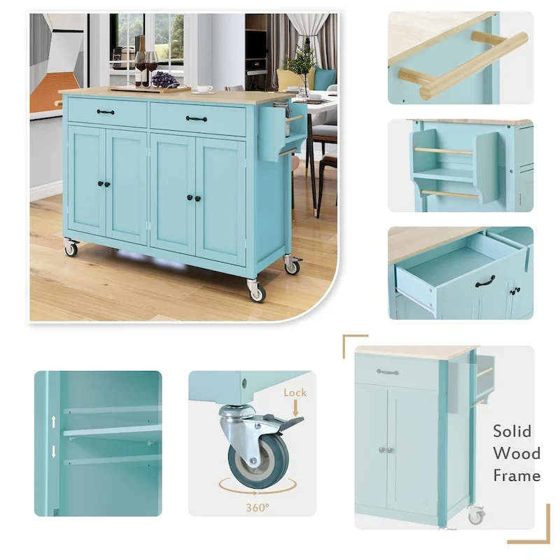 Kitchen Island Cart with Solid Wood Top and Locking Wheels