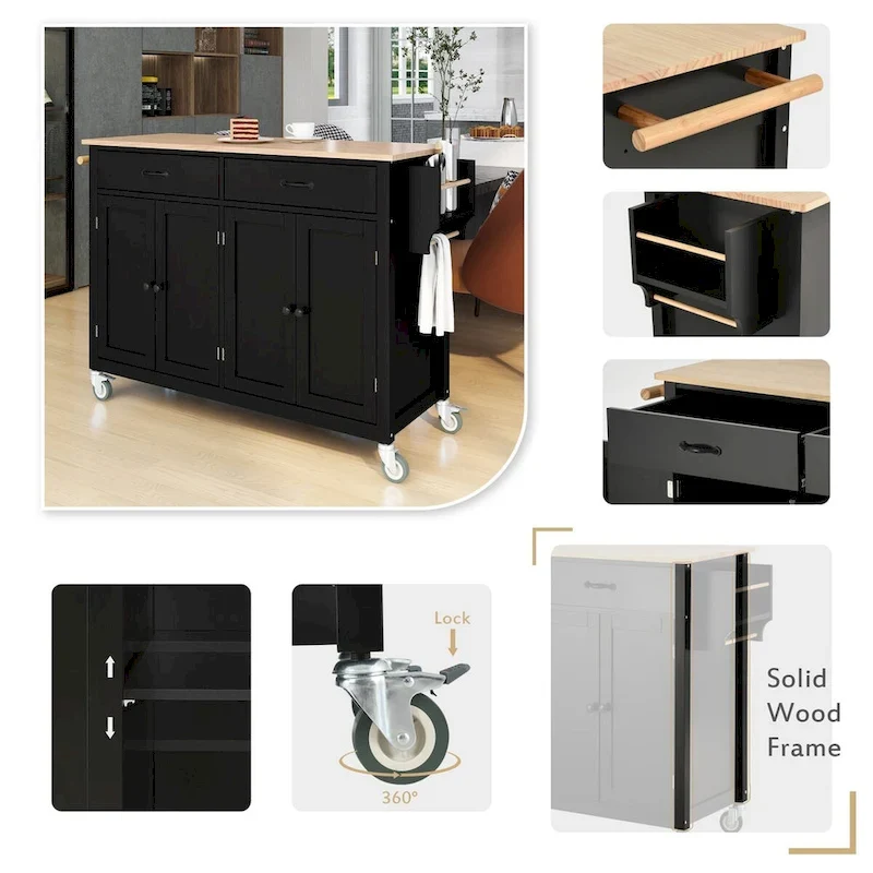 Kitchen Island Cart with Solid Wood Top and Locking Wheels
