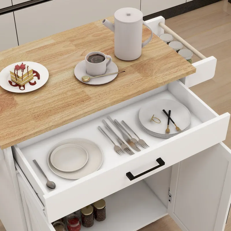 White Rubber Wood Kitchen Cart with Adjustable Shelves, Towel Rack