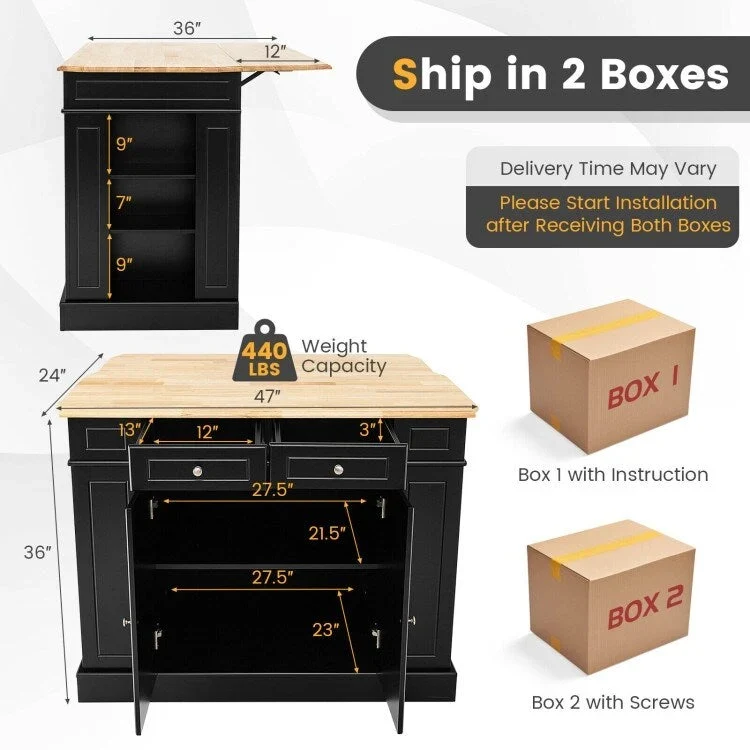 Kitchen Island with Storage and 3-Level Adjustable Shelves - 47 x 36 x 36 (L x W x H)