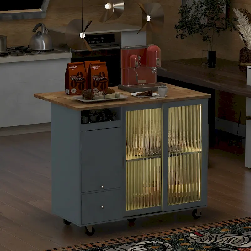 Kitchen Island Cart with Drop Leaf, LED Light, Fluted Glass Doors, Adjustable Shelf, and 2 Drawers