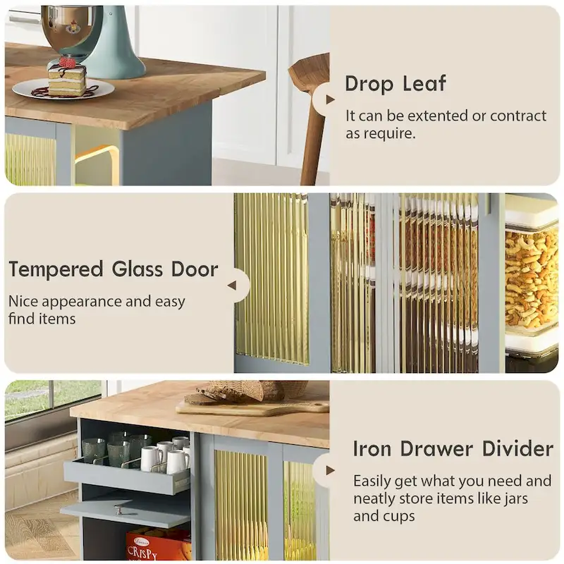 Kitchen Island Cart with Drop Leaf, LED Light, Fluted Glass Doors, Adjustable Shelf, and 2 Drawers