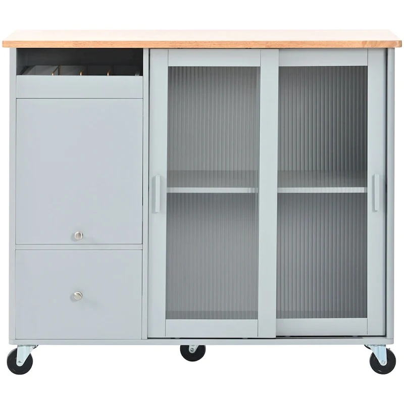 Kitchen Island Cart with Drop Leaf, LED Light, Fluted Glass Doors, Adjustable Shelf, and 2 Drawers