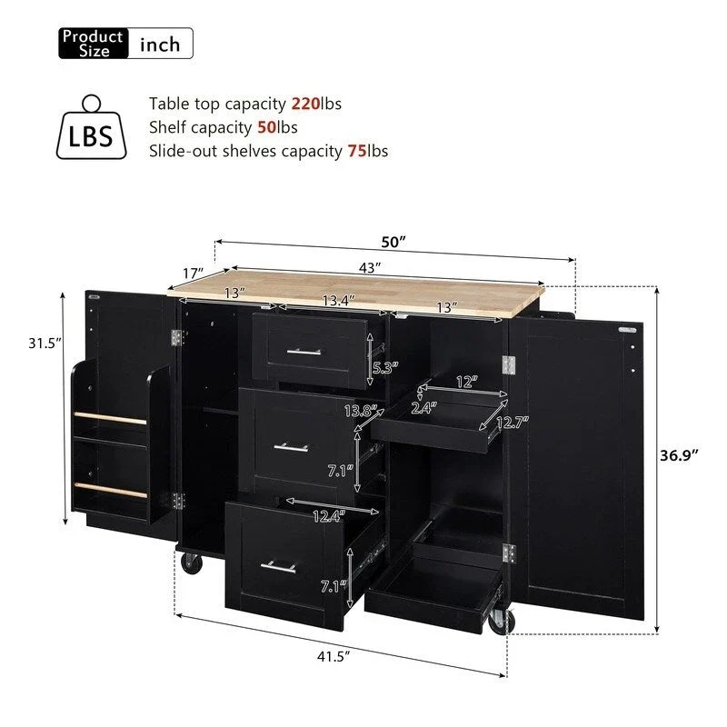 Rolling Kitchen Island Cart on Wheels with Storage,2 Slide-Out Shelf and Internal Storage Rack