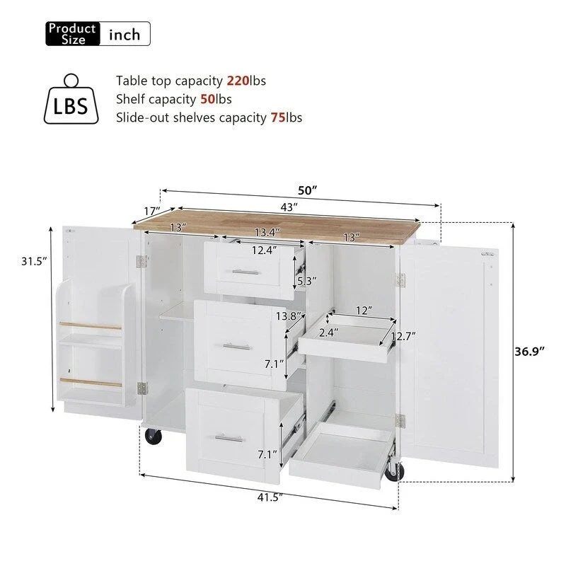 Rolling Kitchen Island Cart on Wheels with Storage,2 Slide-Out Shelf and Internal Storage Rack